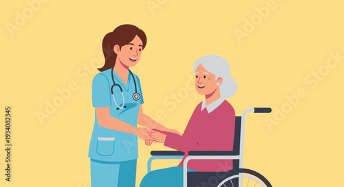 Nurse assisting elderly woman in wheelchair with supportive hand gesture
