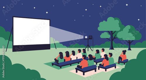 Outdoor cinema evening with projection screen and audience watching movie