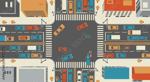 Overhead view of busy city intersection with cars pedestrians and buildings