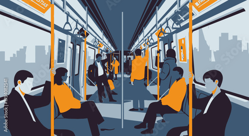 People on subway train illustration of commuters in transit