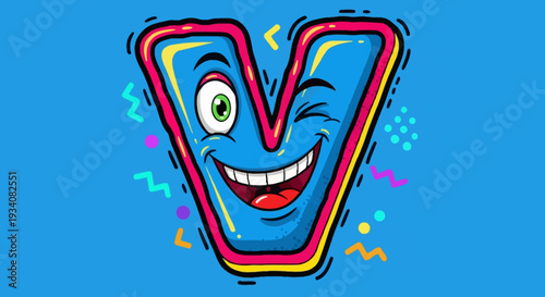 Cartoon Letter V with Winking Face