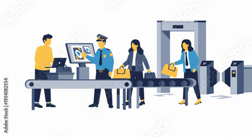 People undergoing security check with officer and luggage in airport illustration