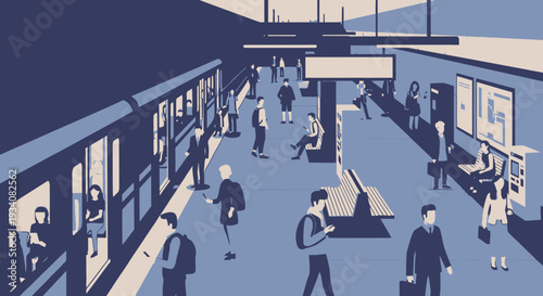 People waiting at subway station with train arriving perspective illustration