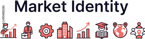 Market identity icons set, business growth, corporate infrastructure, industry gear, education knowledge, global reach, community networking, branding strategy development
