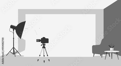 Photography studio setup with equipment and backdrop illustration