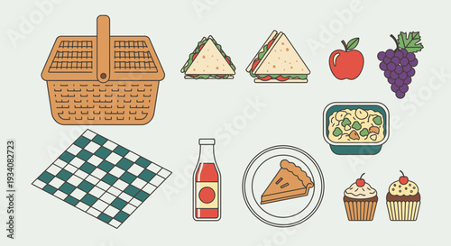 Picnic basket and food items vector illustration of snacks and essentials