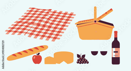 Picnic essentials illustration with checkered blanket and food items on white background