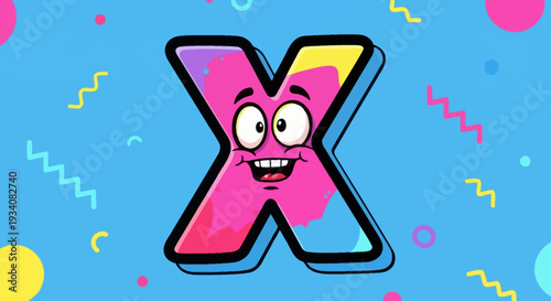 Cartoon Letter X with Face and Colorful Background