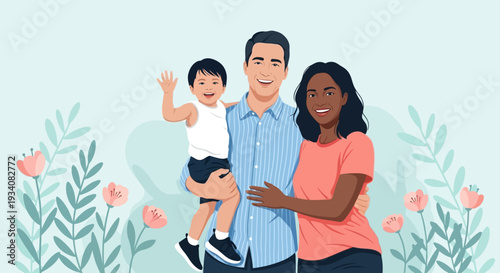 Happy Multicultural Family Portrait: Father, Mother, and Waving Son Embracing with Love and Joy