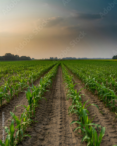 Sunlit cornfield with dramatic storm clouds approaching in the distance