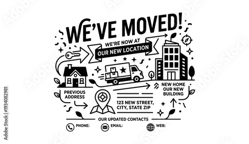 We've Moved Announcement Illustration with New Location Icons.