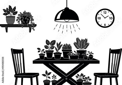 Black and White Silhouette Vector of Indoor Plant Collection on Wooden Table and Shelf with Chairs Lamp and Wall Clock