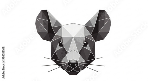 Geometric mouse head illustration in black and white polygonal style with sharp lines and white background