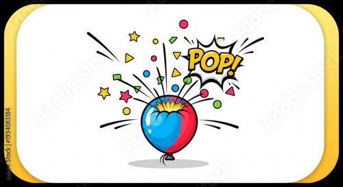 Colorful balloon popping with confetti and starburst on white background with gold border