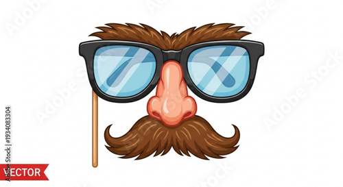 Cartoon face with glasses and mustache on stick vector illustration for fun and humor