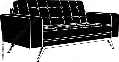 Black and white vector illustration of a mid-century modern tufted sofa with sleek metal legs isolated on a white background