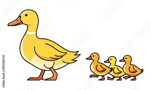 Yellow Mother Duck Leading Three Ducklings in a Line Illustration
