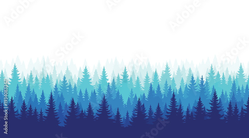 A gradient blue forest landscape with silhouette of pine trees isolated on white background at dusk or dawn
