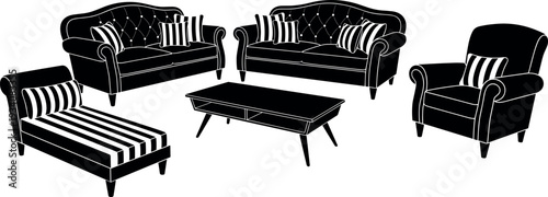 Black and white vector illustration of a luxury living room furniture set including sofas, armchair, chaise lounge, and coffee table.