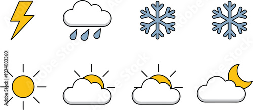 Weather forecast icons set, thunderstorm lightning, rainy cloud, snowflake winter, sunny day, partly cloudy sun, night moon cloud, seasonal climate symbols