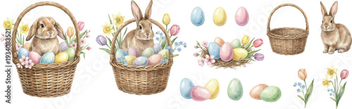 Watercolor Easter Bunny Basket with Pastel Eggs and Spring Flowers Hand Painted Clipart Isolated Illustration for Greeting Card Design