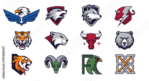 Collection of fierce animal logos and emblems, including eagle, wolf, tiger, bull, bear, and ram, for sports or teams.