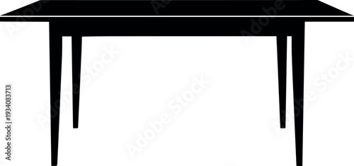 Black silhouette of a modern wooden dining table with tapered legs isolated on white background for interior design furniture vector icon