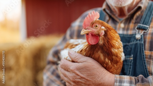 Farmer Gently Holding a Hen. Close-up of a farmer holding a brown hen in a barn, depicting rural life, animal husbandry, and agricultural tradition.