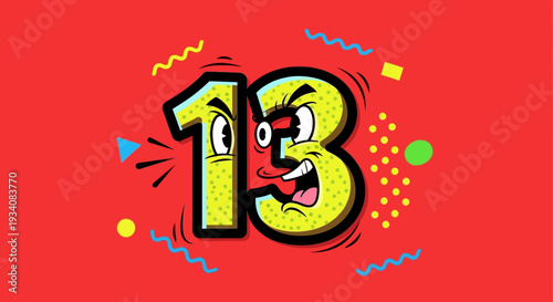 Vibrant Cartoon Number 13 in Motion over Bright Red Background Celebration