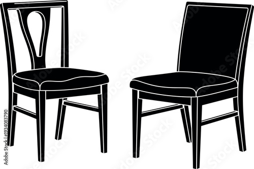 Black silhouette of two classic wooden dining chairs with upholstered seats and elegant backrest designs isolated on a white background.