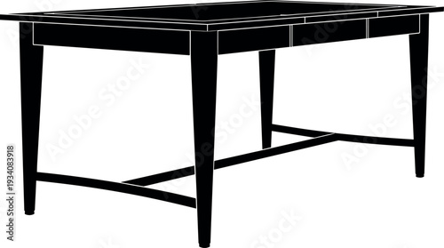 Black Silhouette Vector Illustration of a Classic Rectangular Wooden Dining Table with Tapered Legs and a Stretcher Base for Interior Design