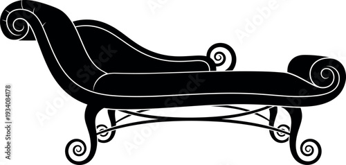 Elegant Black Silhouette of a Vintage Chaise Longue Featuring Victorian Scrollwork Details and Ornate Curved Legs for Luxury Interior Design Projects