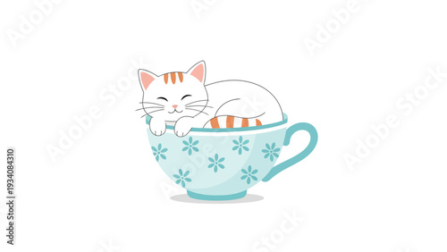 A happy white cat with orange stripes naps snugly inside a light blue teacup