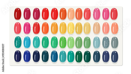 A grid of 48 glossy oval nail polish color swatches in rows of reds oranges yellows greens blues and grays