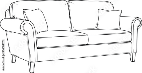 Hand drawn line art illustration of a comfortable two seater sofa with cushions and rolled arms for interior design concepts