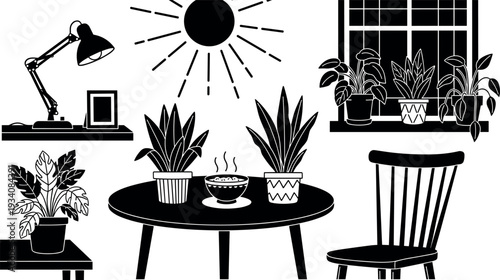 Interior room vector illustration with houseplants on table and window sill featuring a desk lamp chair and bowl of soup