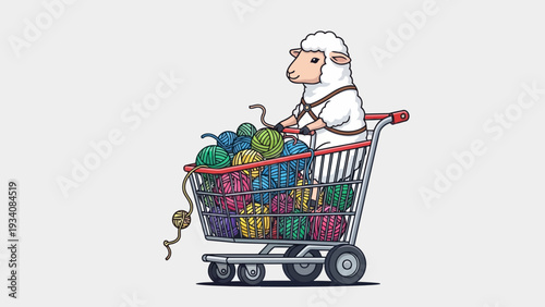 A sheep pushes a shopping cart overloaded with colorful yarn balls