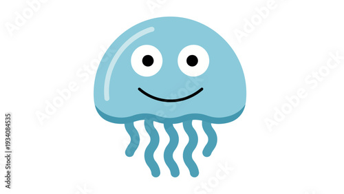 A simple light blue cartoon jellyfish with large white eyes and a black smiling mouth