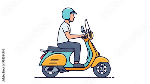 A sideview illustration of a person wearing a helmet riding a teal and yellow scooter