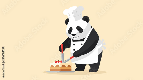 A smiling panda chef in a white toque and apron cuts a layered cake with two knives
