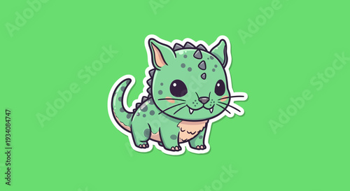 Playful green cat-like creature with spots and curling tail on green scene