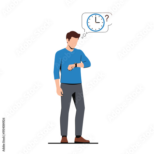 Man Checking Time on Wristwatch with Thought Bubble.