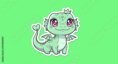 Cartoon green dragon stands in vivid green background illustration charming