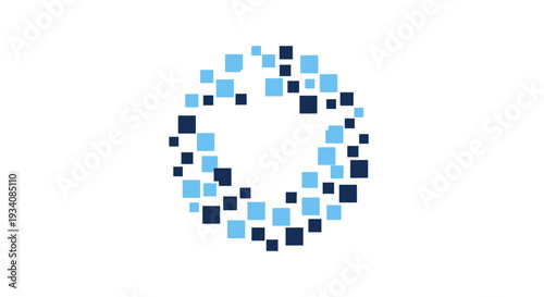 Abstract geometric design featuring an open circle formed by blue and navy squares on white