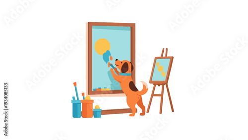 An orange and brown dog paints a blue shape next to a yellow circle on a large board