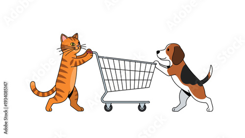 An orange tabby cat and a beagle dog pushing a shopping cart