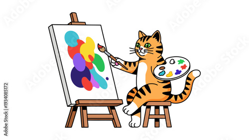 An orange tabby cat paints colorful abstract shapes on a white canvas on an easel
