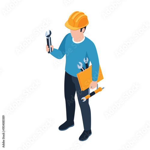 Man in hard hat holding tools.