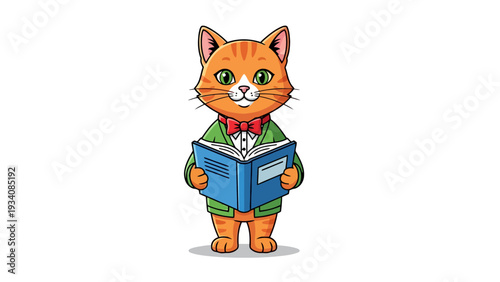 An orange tabby cat wearing a green jacket and red bowtie holds an open blue book