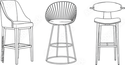 Modern Bar Stool Vector Set Featuring Upholstered High Chair Wire Back Design and Contemporary Kitchen Counter Seating Line Art Illustration.